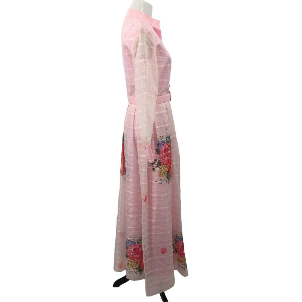 Vintage 60s Pink Stripe Floral Maxi Dress Roses Sheer Layered Mad Men Belted SzS - Picture 2 of 12